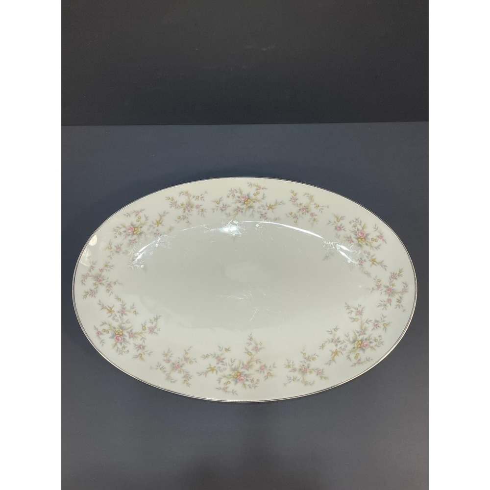 Vintage Noritake China Arlene 5802 Floral Silver Trim Oval Platter Serving Piece